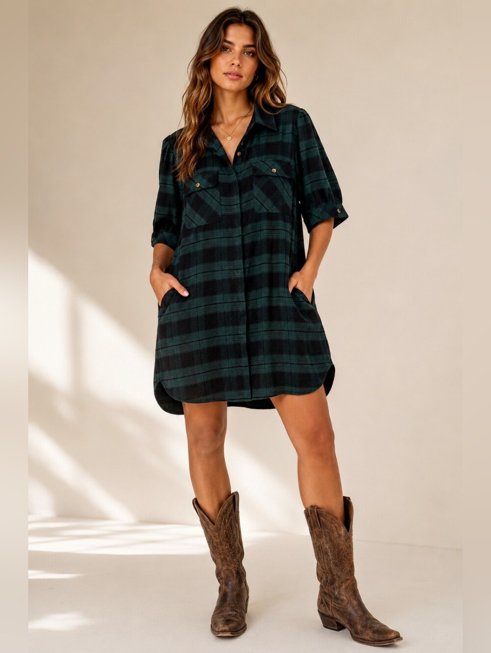 Billy T Green Black Plaid Shirt Dress Size Medium